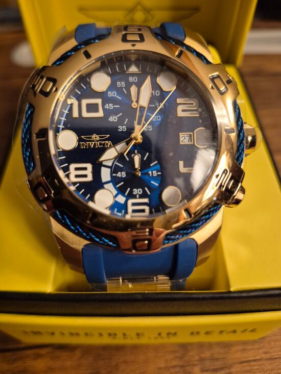 Invicta Bolt 50 mm Gold Tone Case Blue Dial Skeleton Hands Blue Silicone Straps